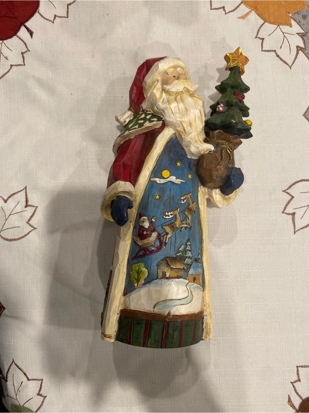 Hand-Carved Style Santa Figurine in Red, Blue, Cream and Green